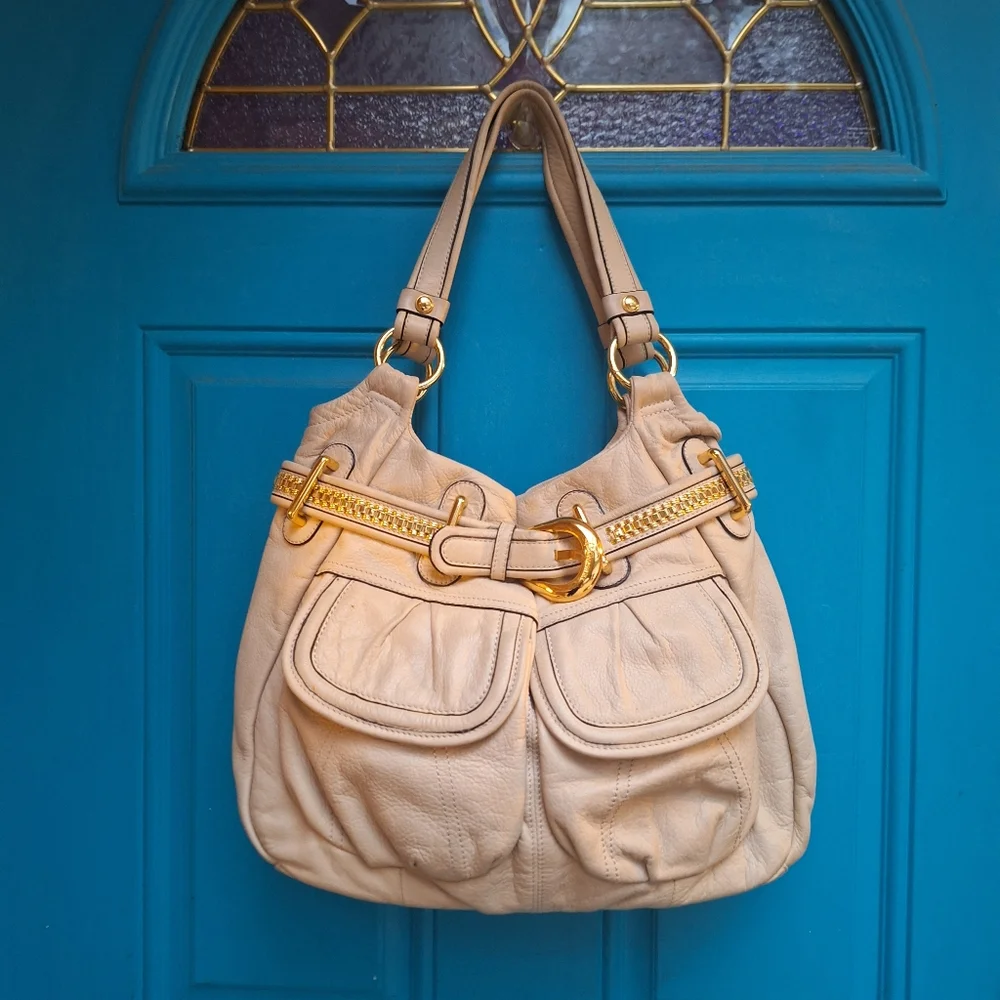 B. Makowski Soft Real Leather Women's Shoulder Bag Gold Studded Purse Y2K Beige - Picture 10 of 17
